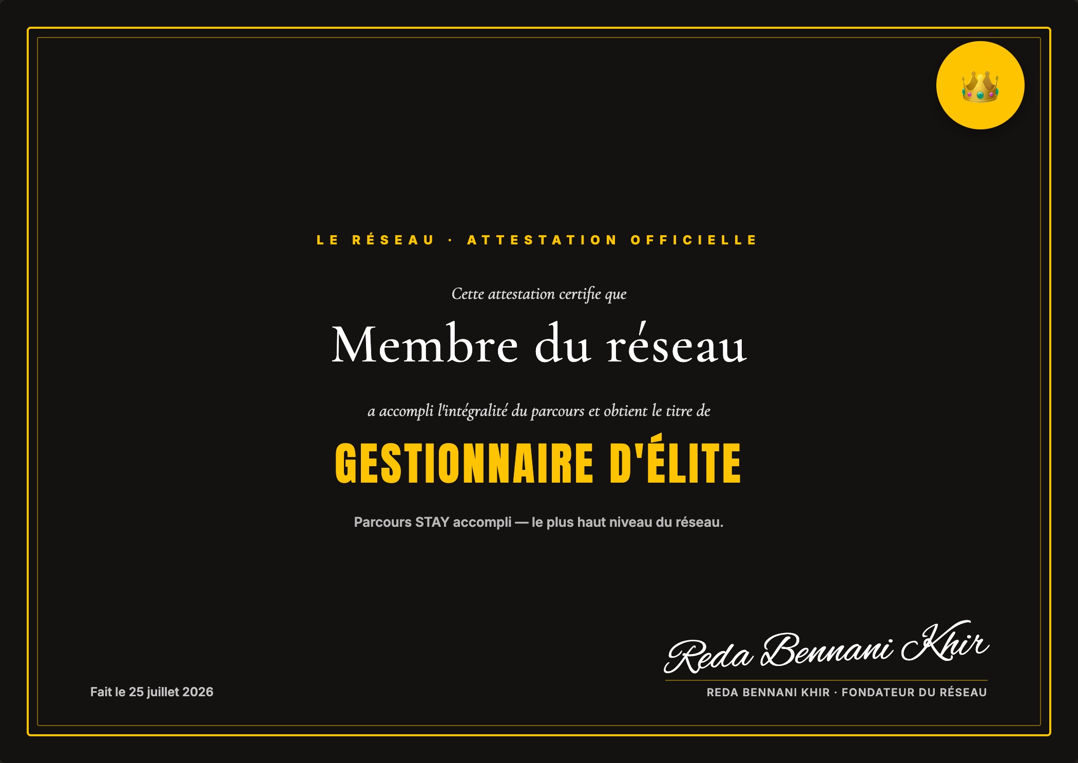 Attestation Gestionnaire d'Élite